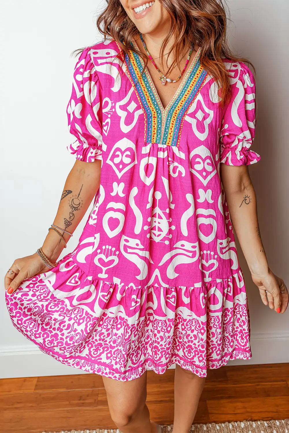 Wearable Cut Printed V Neck Short Sleeve Dress