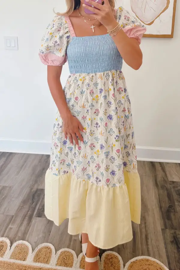 Floral Striped Square Neck Dress Casual