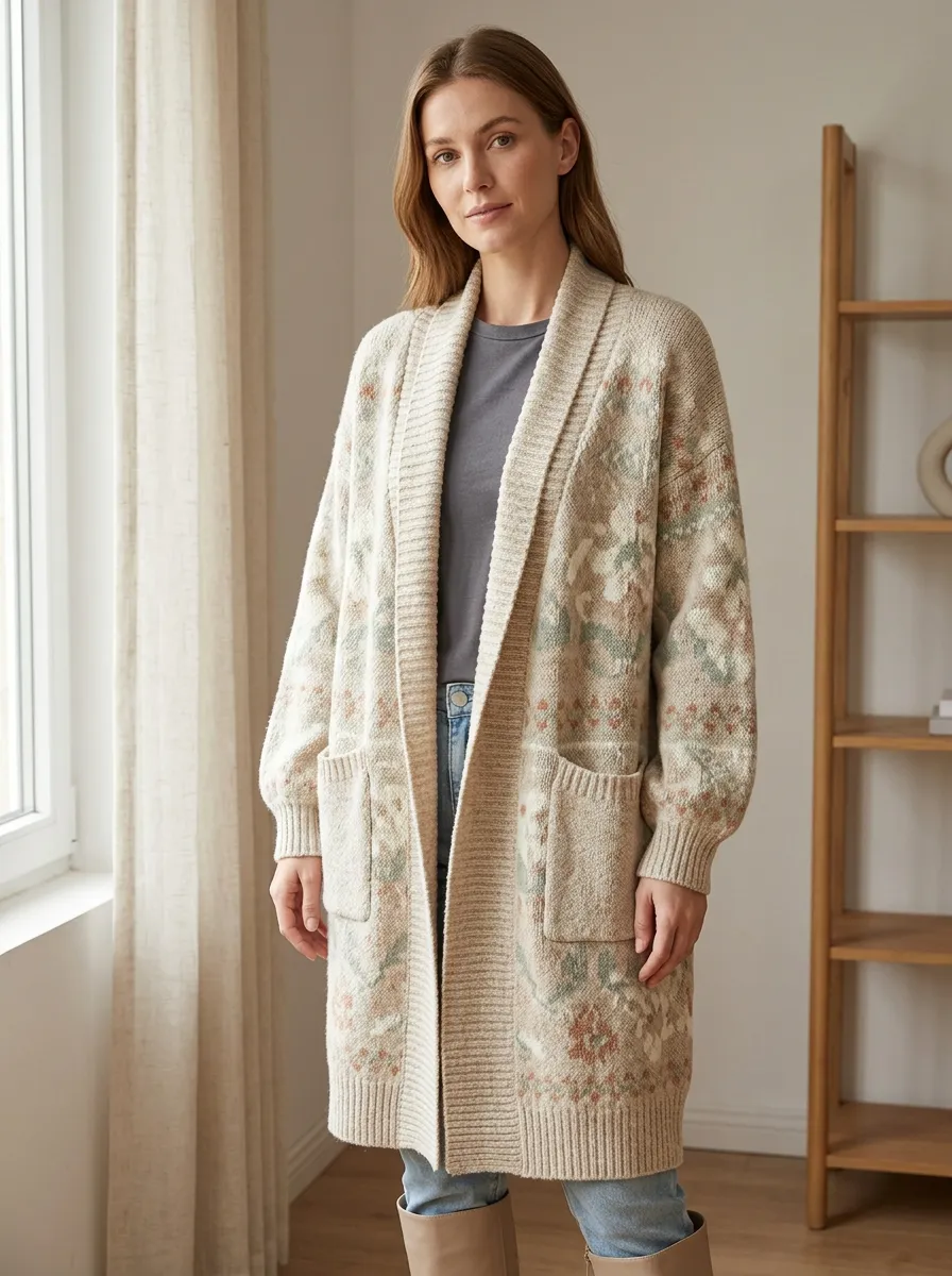 Women's Vintage Floral Pattern Jacquard Knit Long Cardigan