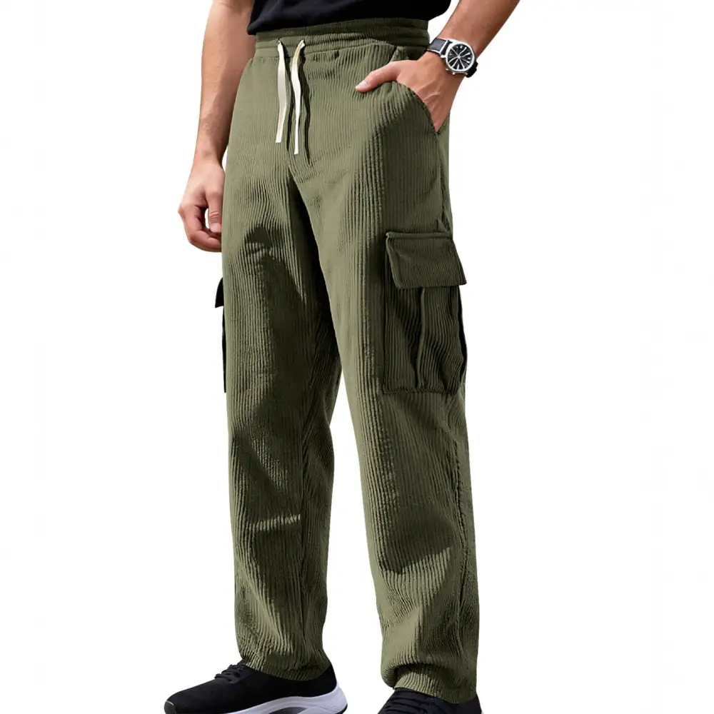 Men's Casual Corduroy Cargo Pants Waist Straight Leg Pockets