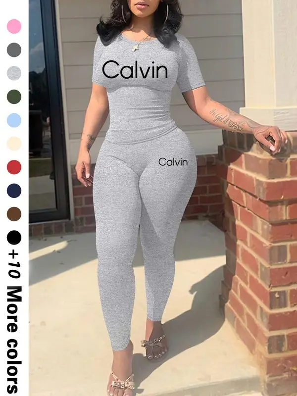 Calvin Letter Printing Women’s Casual Two-Piece Set Trendy Crop Top & Shorts | Lightweight Fabric | Effortless Summer Comfort