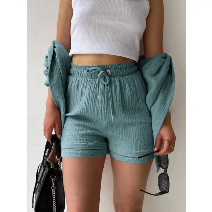 Textured Button Up Shirt and Shorts Set