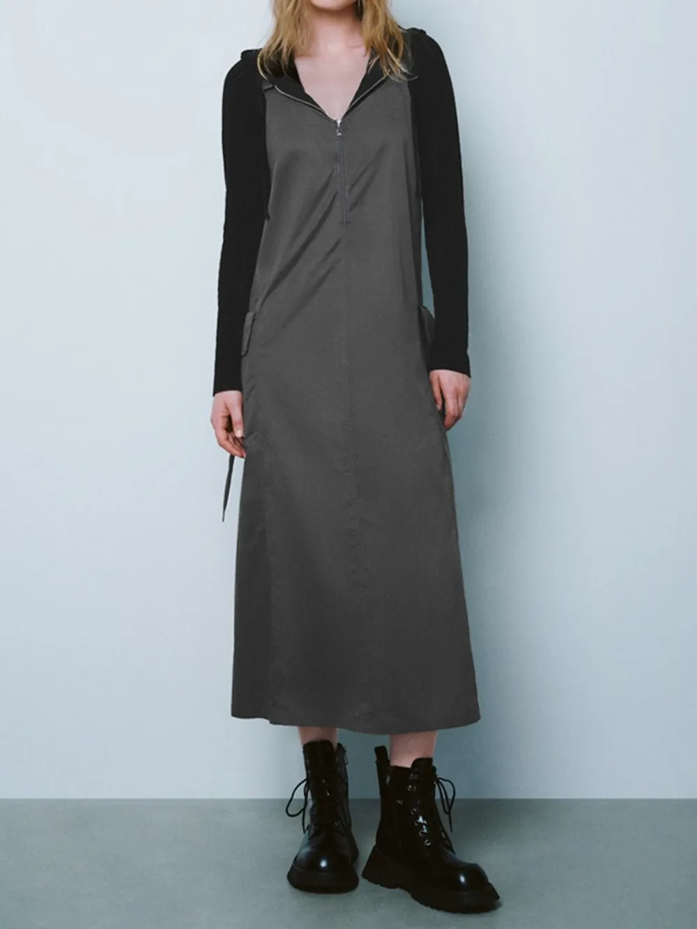 Minimalist Zip-Front Midi Overall Dress
