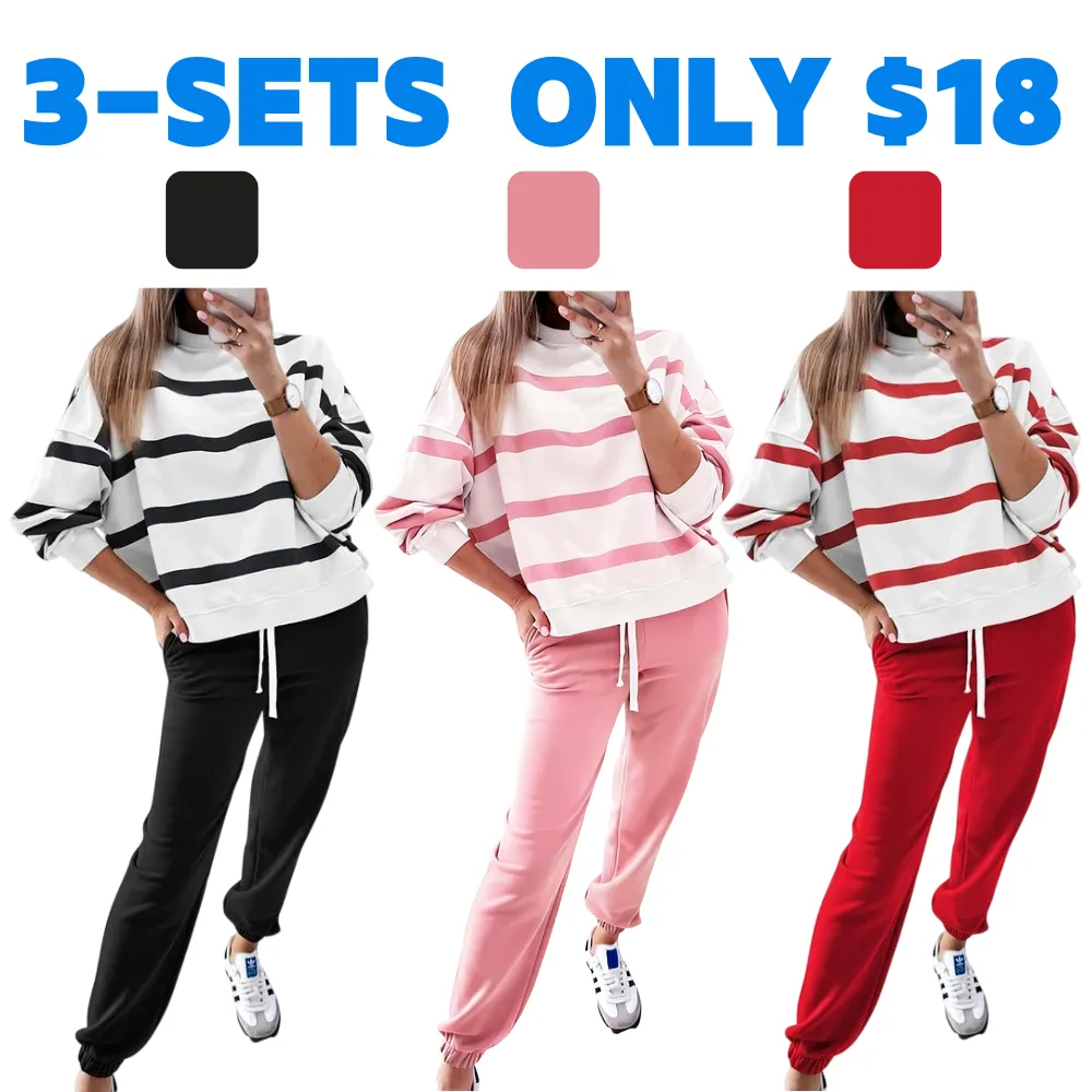 Women's Striped Two Piece Outfit Long Sleeve Drop Shoulder Pullover Tops & Jogger Pants