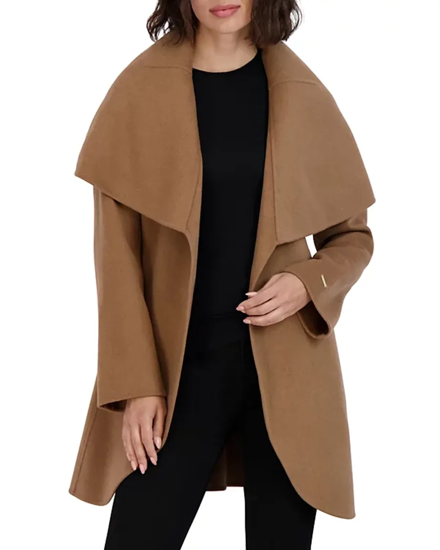 Wing Neckline Long Sleeves Belted Coat