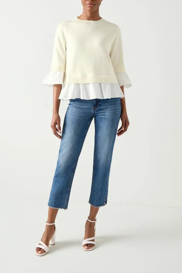 White Layered Hem Short Sleeve Knit Sweater