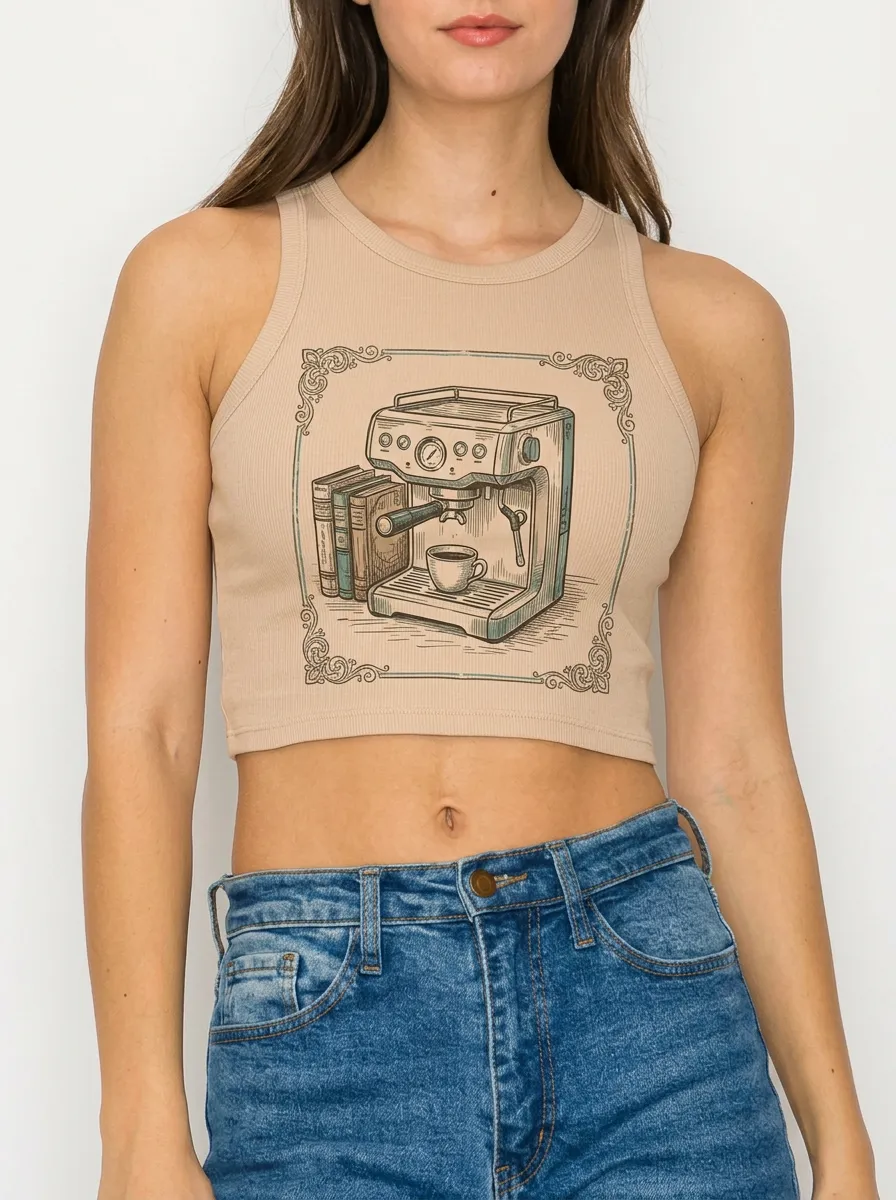 Women's Coffee Lover Books Espresso Machine Printed Crop Top