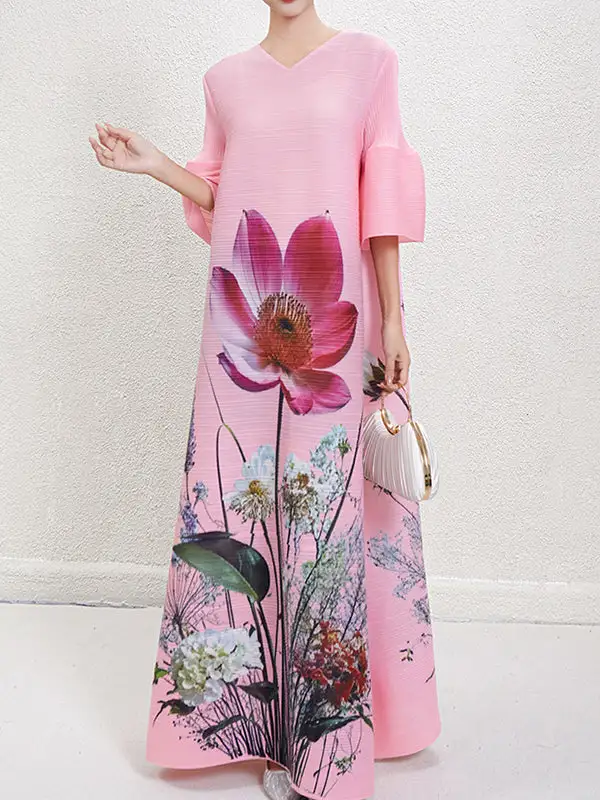 Flared Sleeves Pleated Neck Maxi Dress