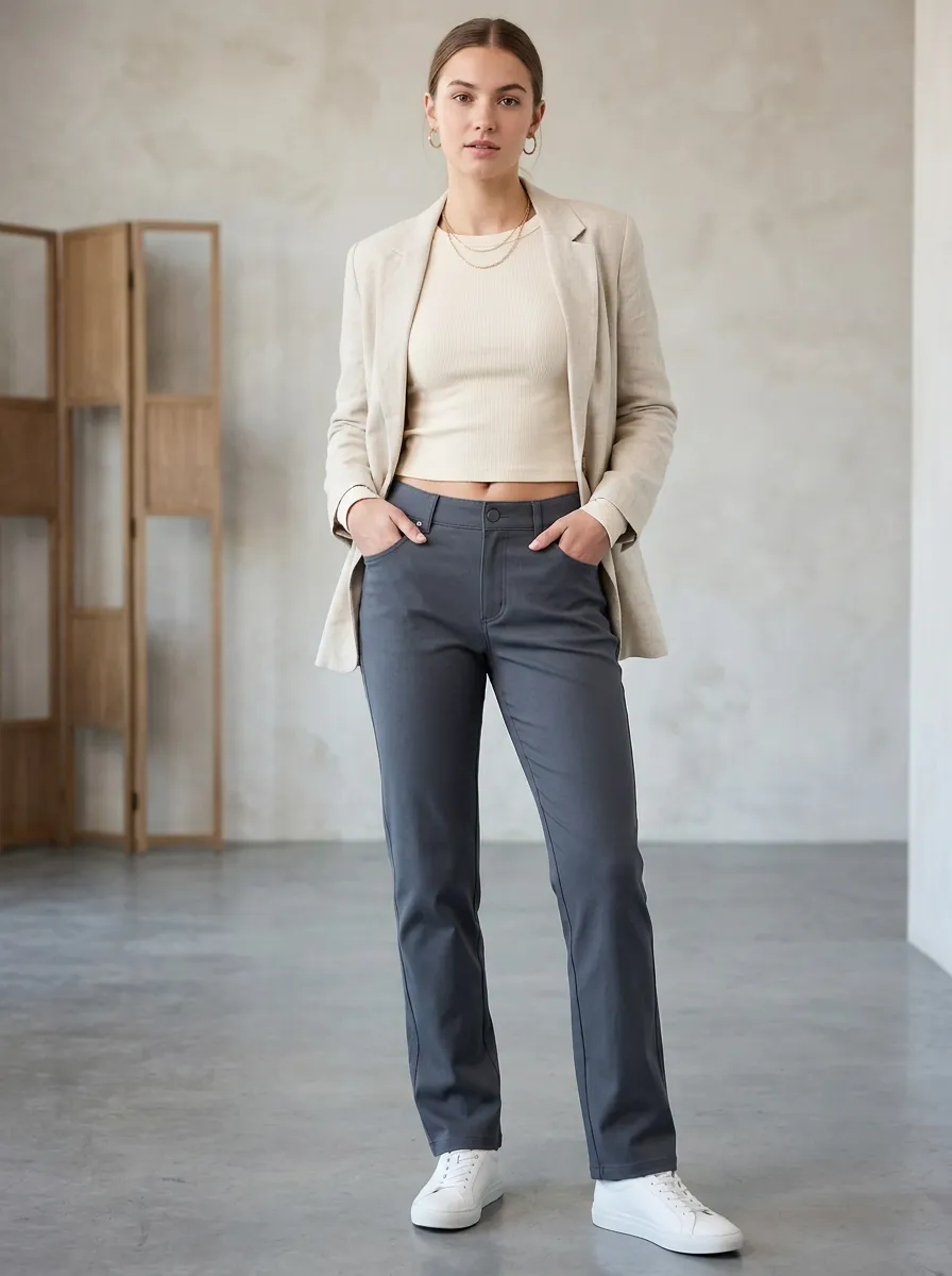 Women's Casual Daily Wear Solid Grey Straight Leg Pants
