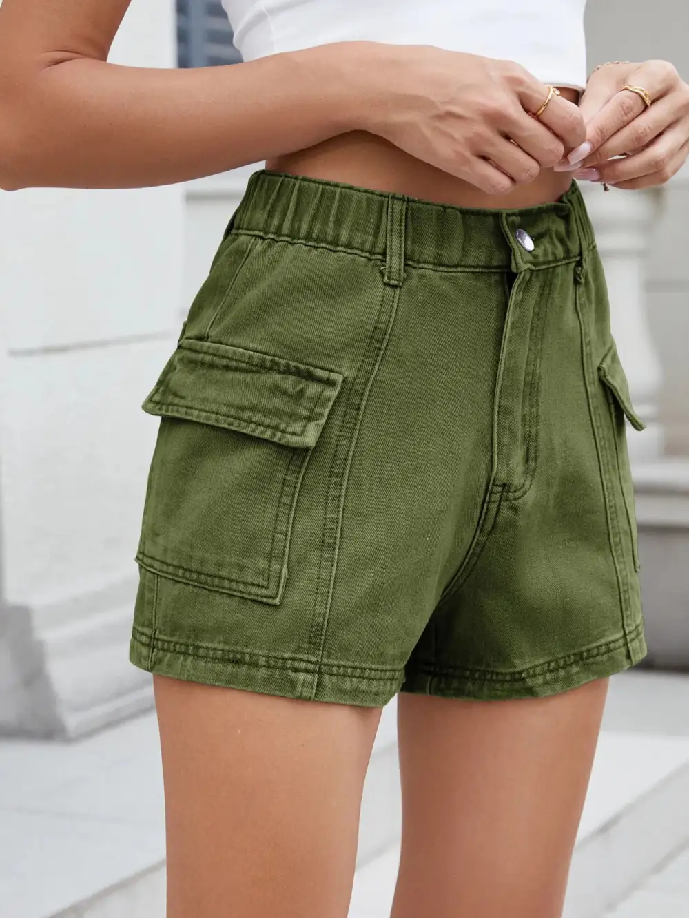 High-Waist Cargo Denim Shorts
