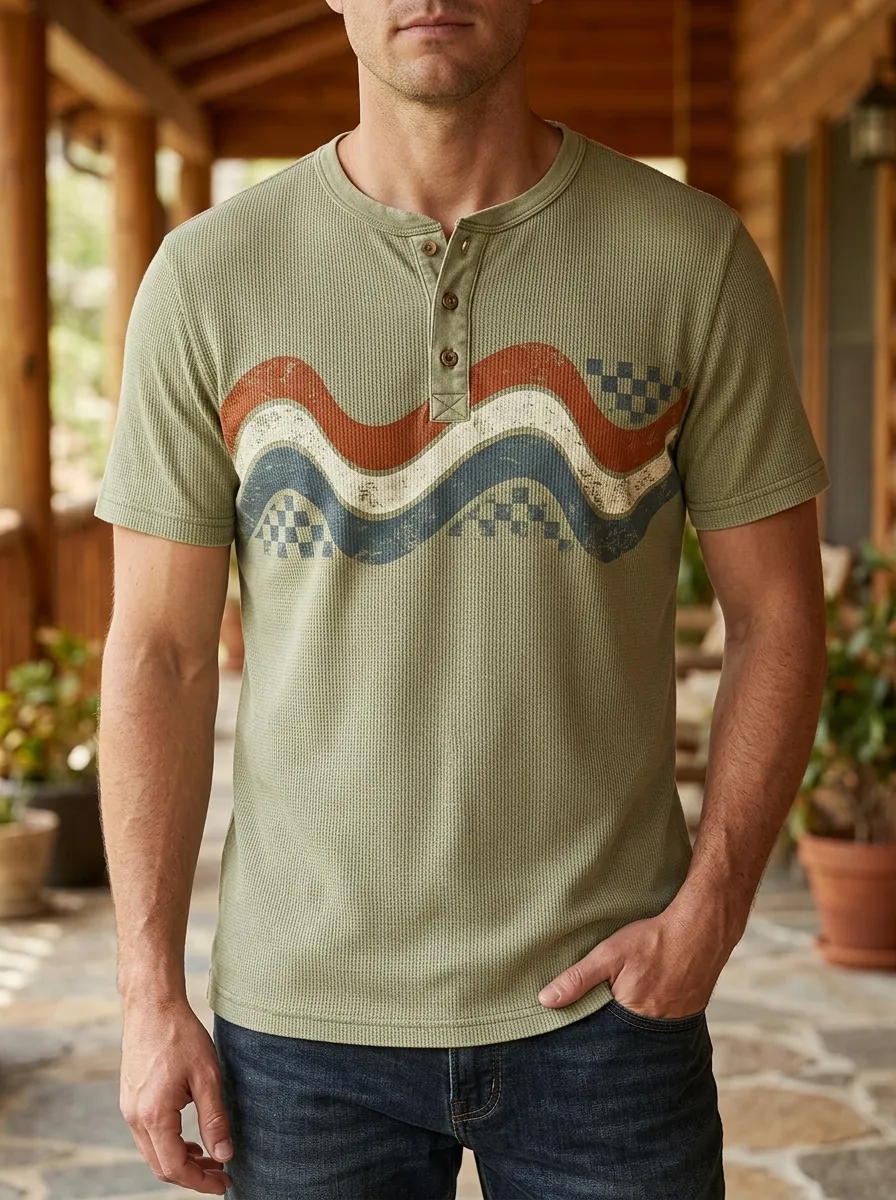 Men's Classic Retro Wavy Checkered Henley T-Shirt