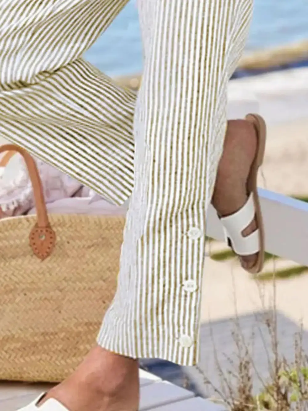 Striped Side Button Detail Plus Pants
