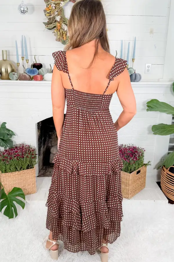 Coffee Polka Dot Print Backless Ruffled Tiered Maxi Dress