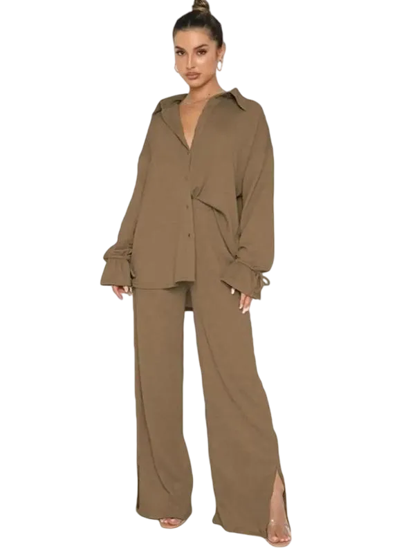 Women's Button-Front Shirt & Split-Hem Pants Set - Flounce Sleeve Top & Wide-Leg Trousers