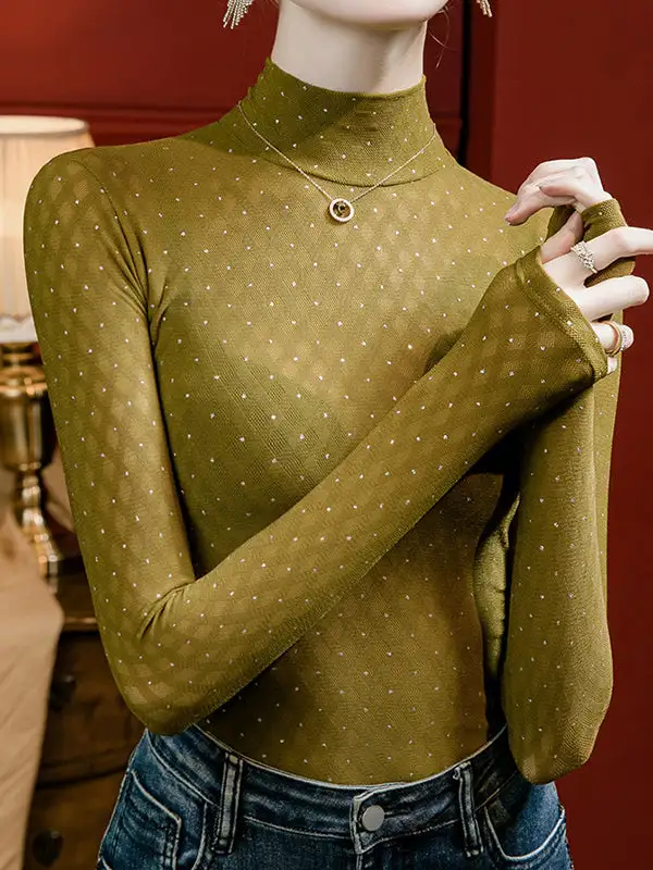 Long Sleeve Curve Fit Rhine Stones Sheer Panel Detail Mock Neck T-Shirt
