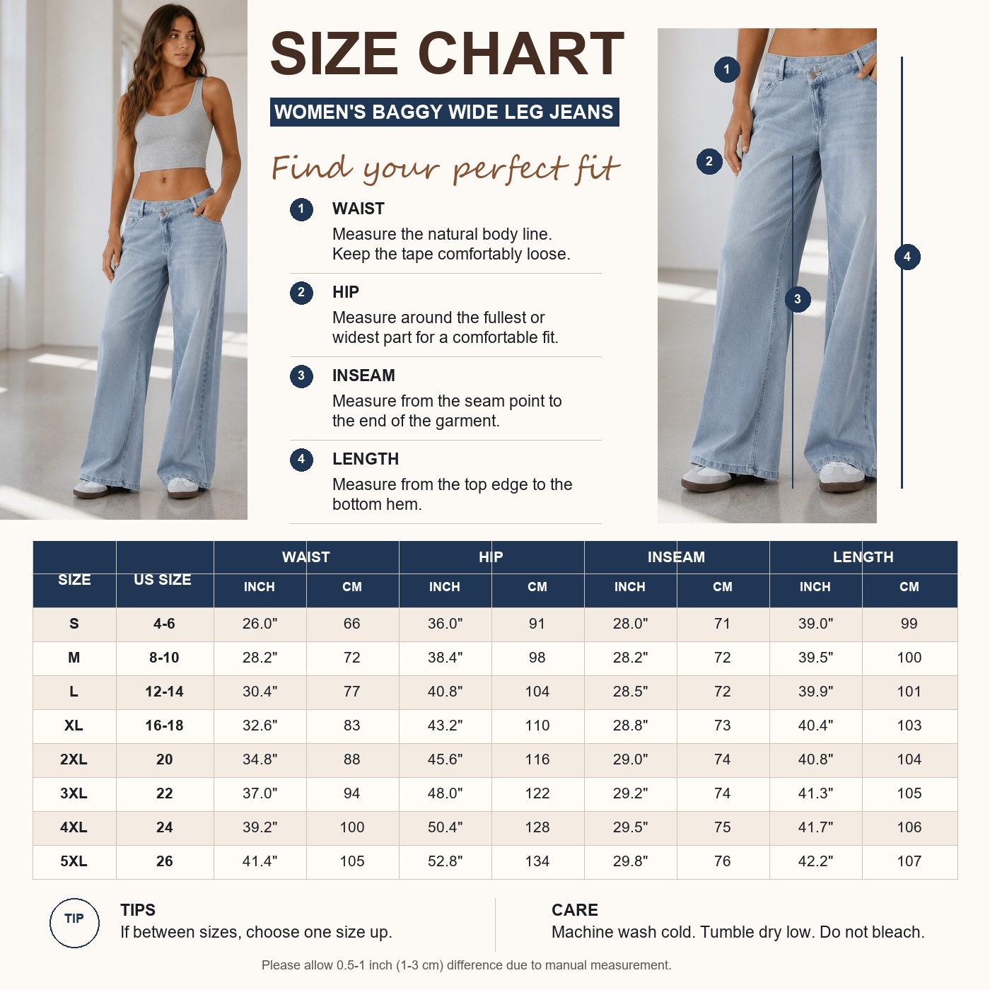 US size chart for wide-leg jeans