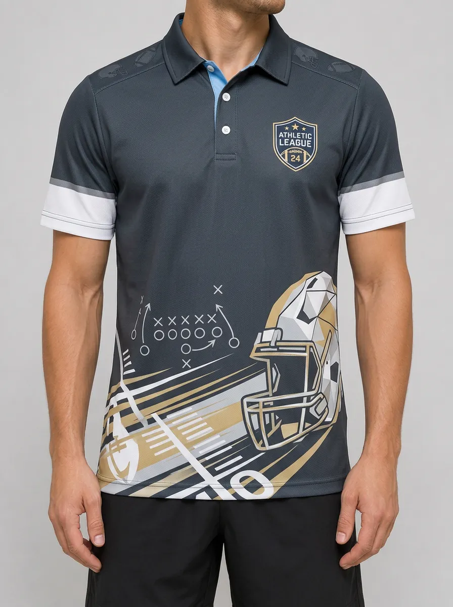 Men's American Football Athletic League Helmet Playbook Printed Polo Shirt