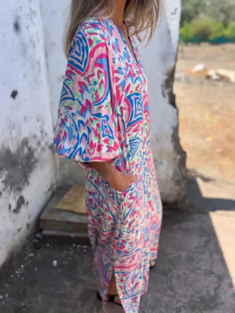 V-Neck Printed Midi Dress