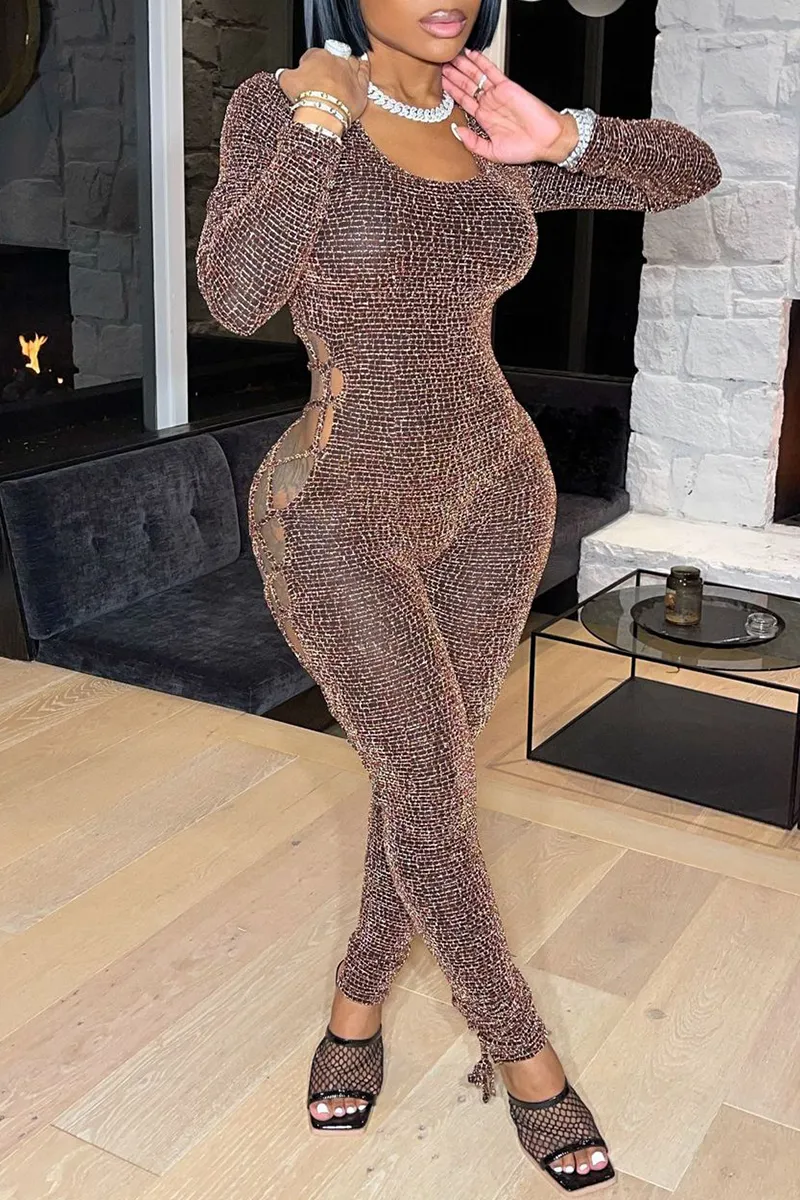 Sexy Solid See-through O Neck Skinny Jumpsuits