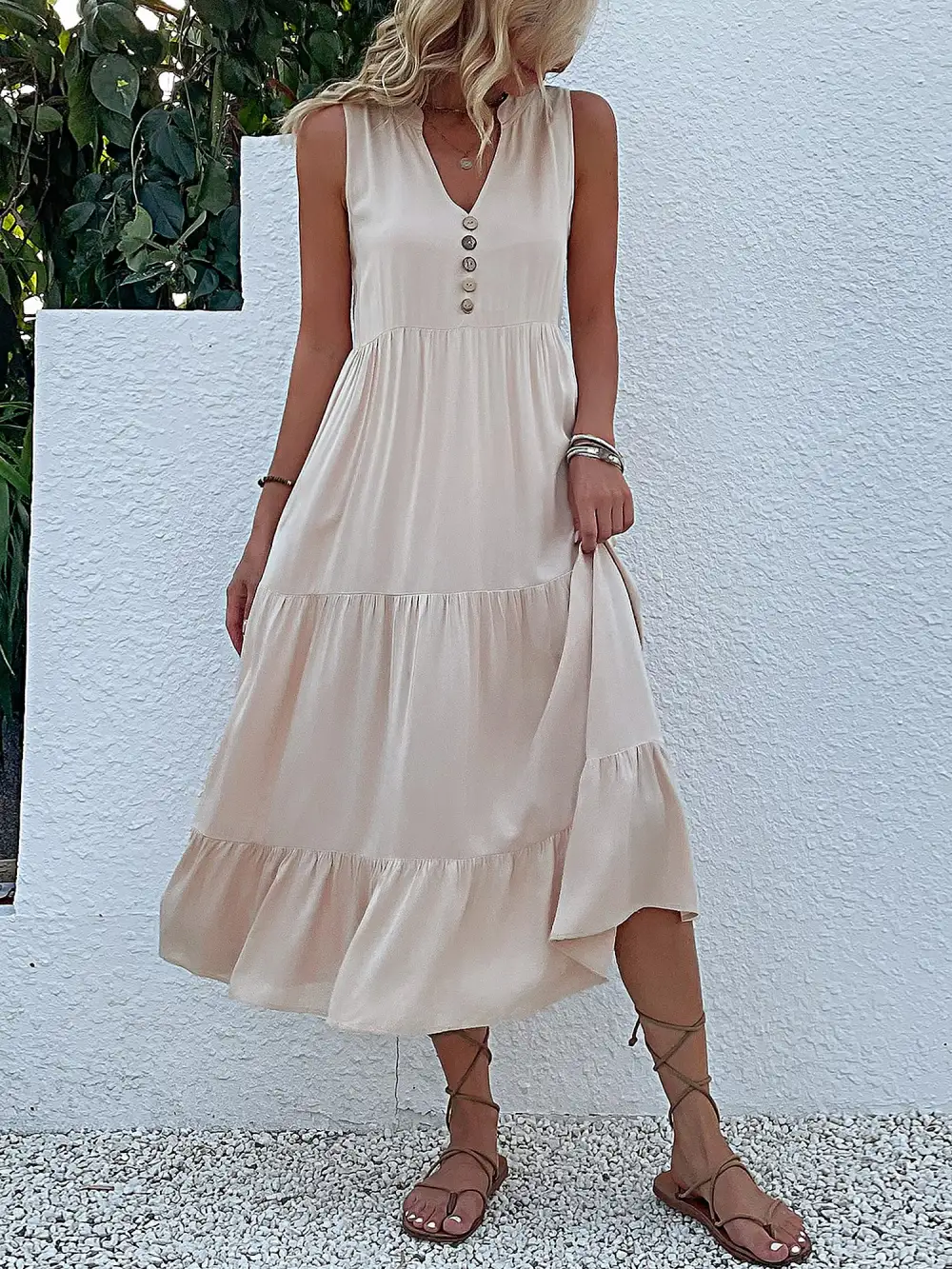 Notch-Neck Buttoned Sleeveless Tiered Midi Dress