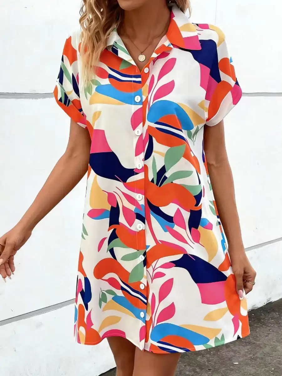 Short Sleeve Buttoned Contrast Color Printed Lapel Mini Dress Shirt Dress