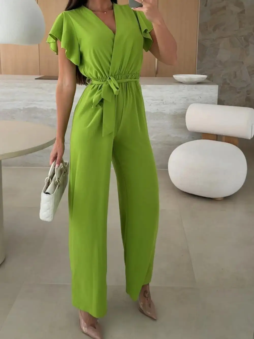Surplice Wide Leg Belted Jumpsuit Pants