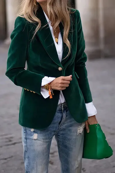 Single-Button Lapel-Collar Long-Sleeve Blazer