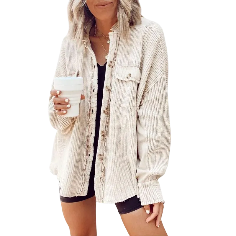 Women's Loose Fit Batwing Sleeve Waffle Knit Button Down Shirt