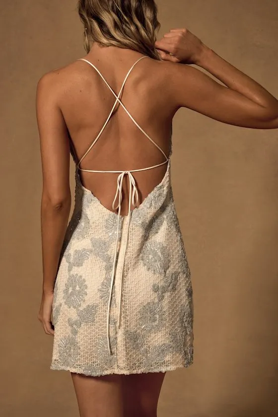 Ginetta Cream Textured Floral Sequin Tie-Back Mini Dress