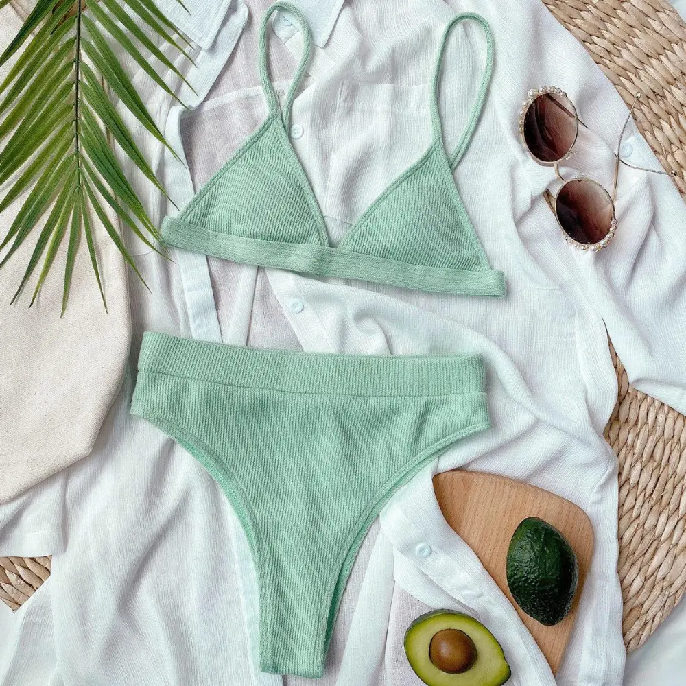Spaghetti Strap Ribbed Bikini Set Accessory