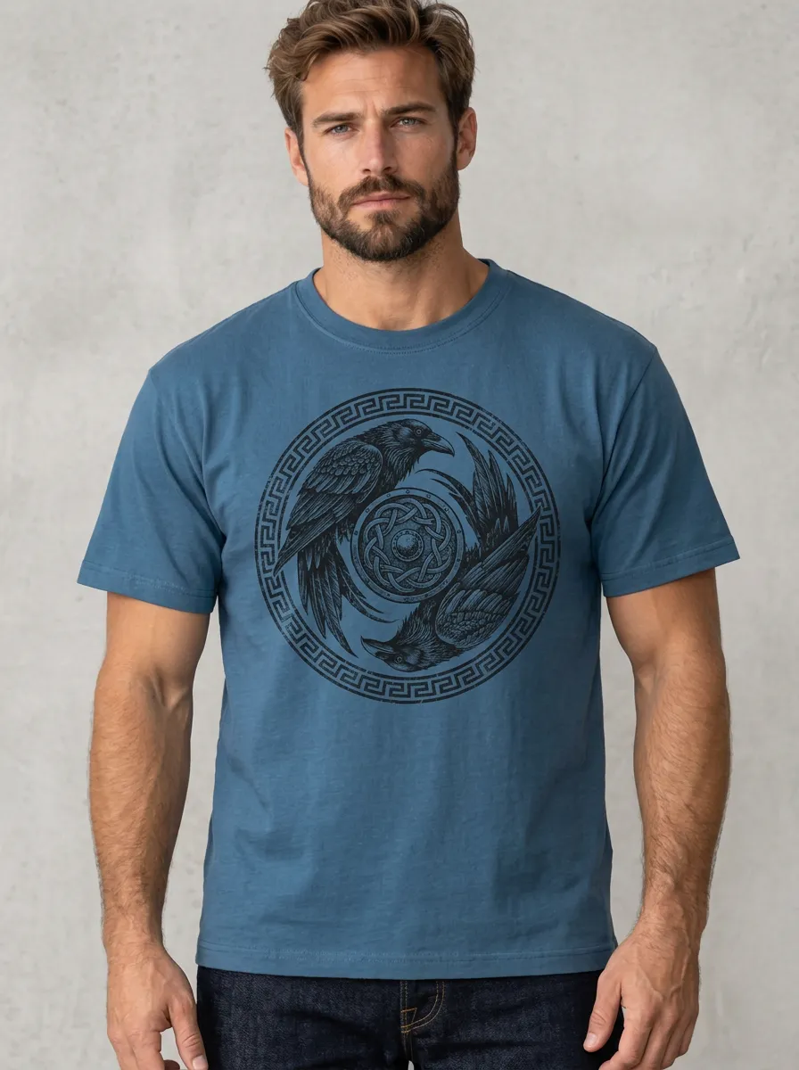 Men's Blue Raven Crew-Neck Short-Sleeve Chest-Sleeve Knotwork T-Shirt