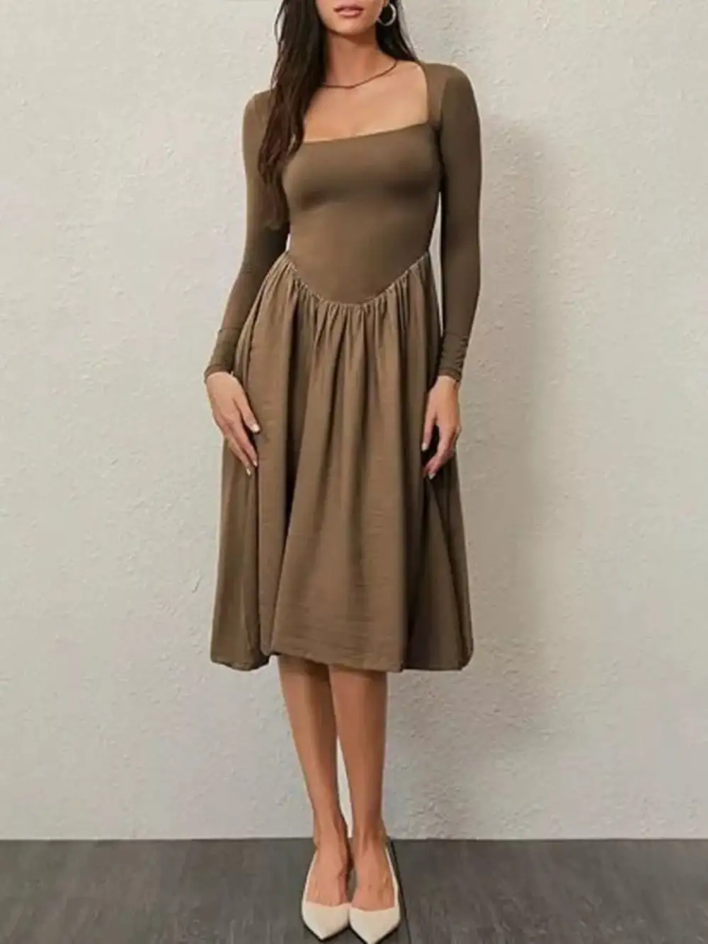 Square Neck Long Sleeve Midi Dress
