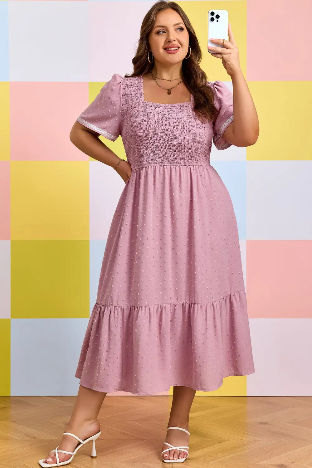 Smocked Short Sleeve High Waist Midi Dress