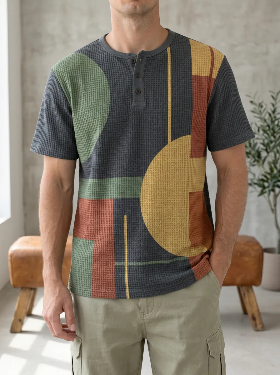 Men's Modern Abstract Geometric Waffle Henley T-Shirt