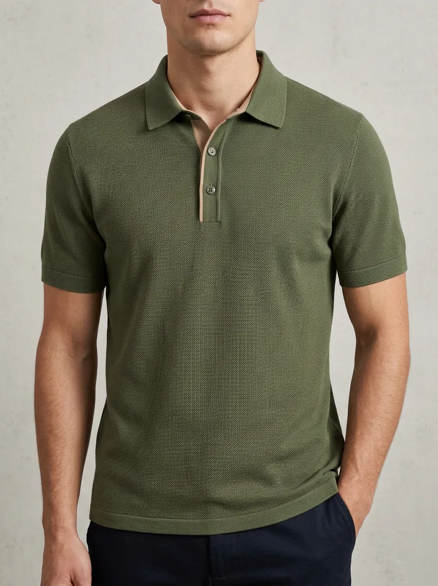 Men's Olive Green Textured Contrast Placket Polo Shirt