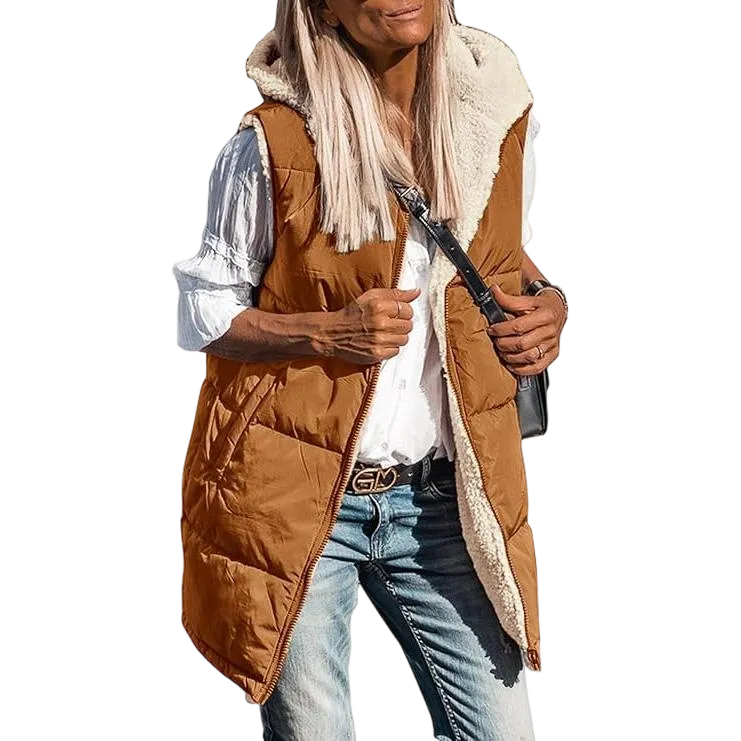 Women's military green double-faced fleece vest with pockets and a hood, long zip-up coat
