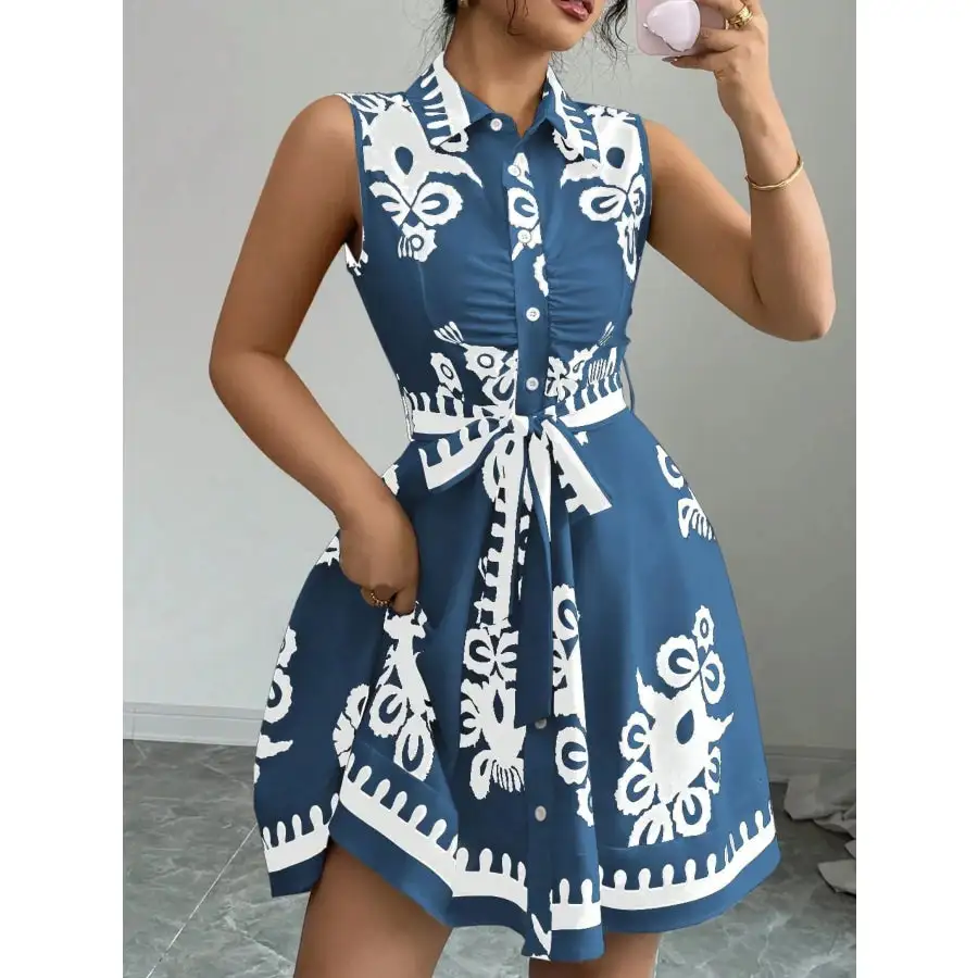 Printed Sleeveless Tie Waist Mini Dress