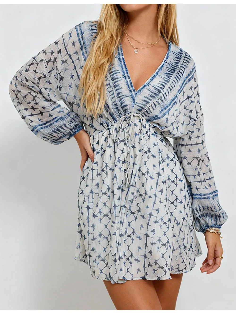 Metallic Thread V Neck Waist Mini Dress