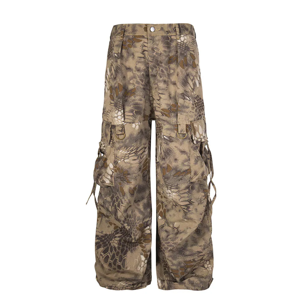 Snake-Pattern Camouflage Wide-Leg Cargo Pants