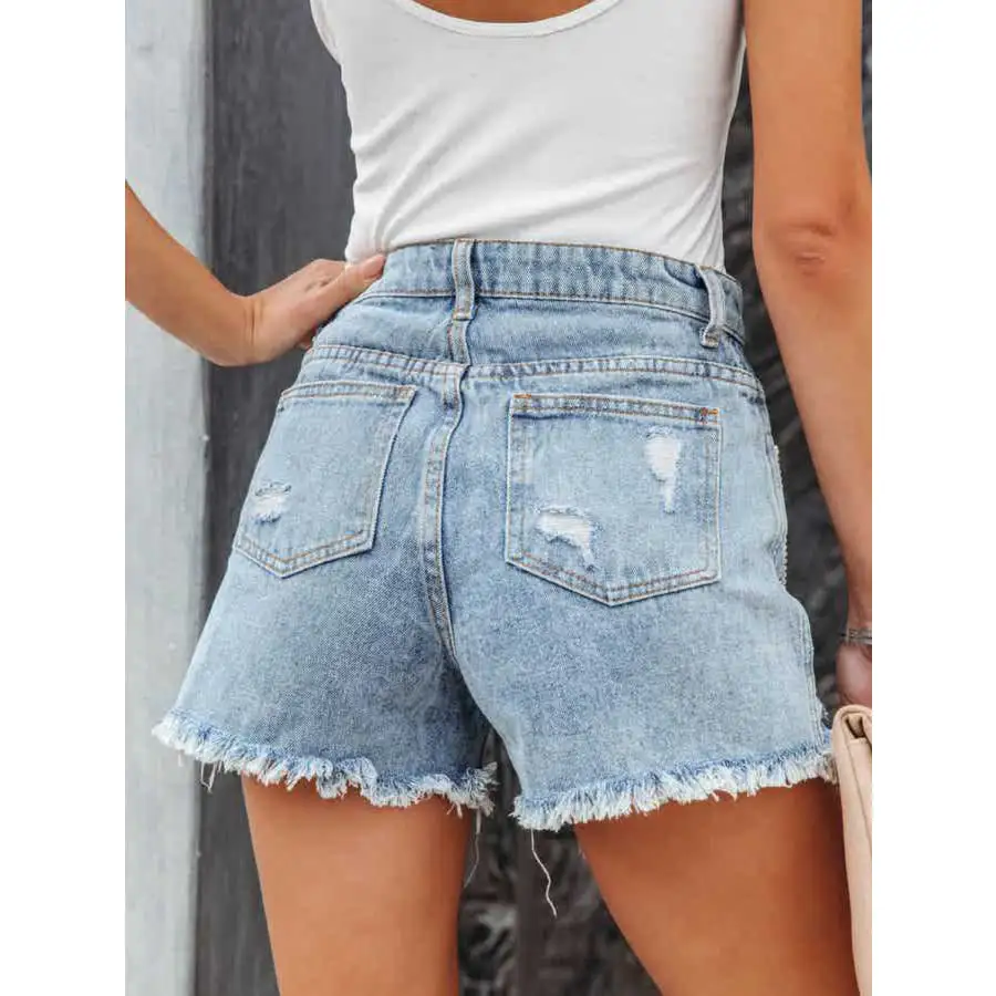 Distressed Fringe Denim Shorts with Pockets