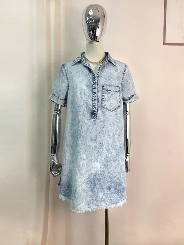 A Line Relaxed Fringed Pleated Pocket Split Joint Lapel Mini Dress