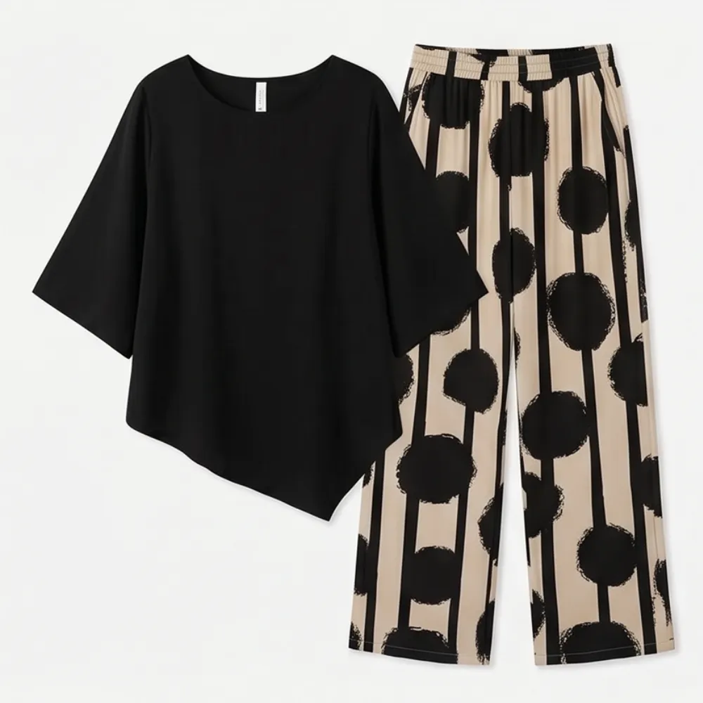 Asymmetric Drape Print Pants Set