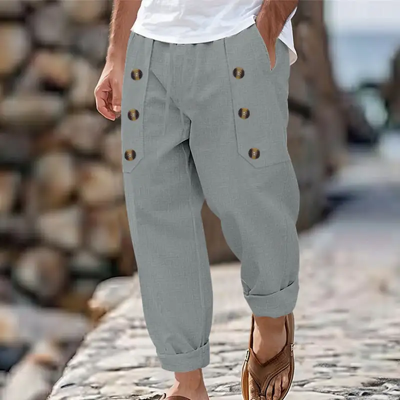 Men's Ankle-length Linen Cargo Pants Pockets
