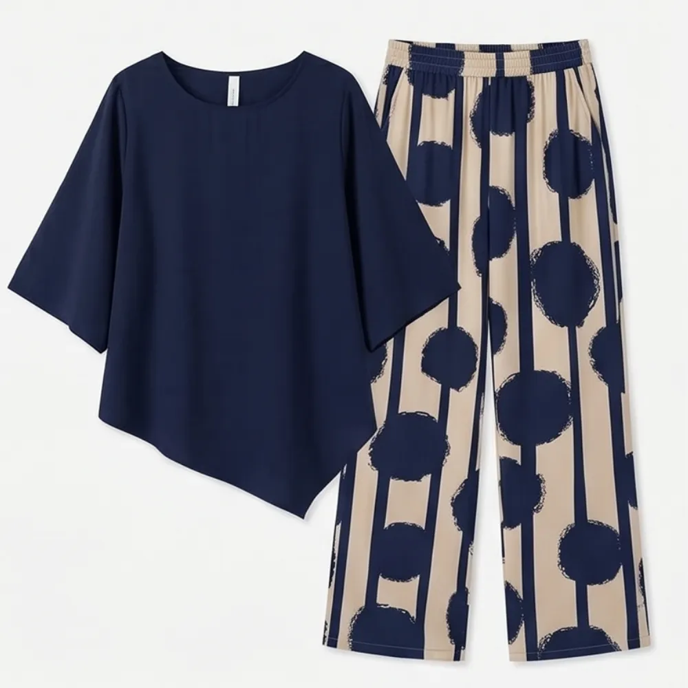 Asymmetric Drape Print Pants Set