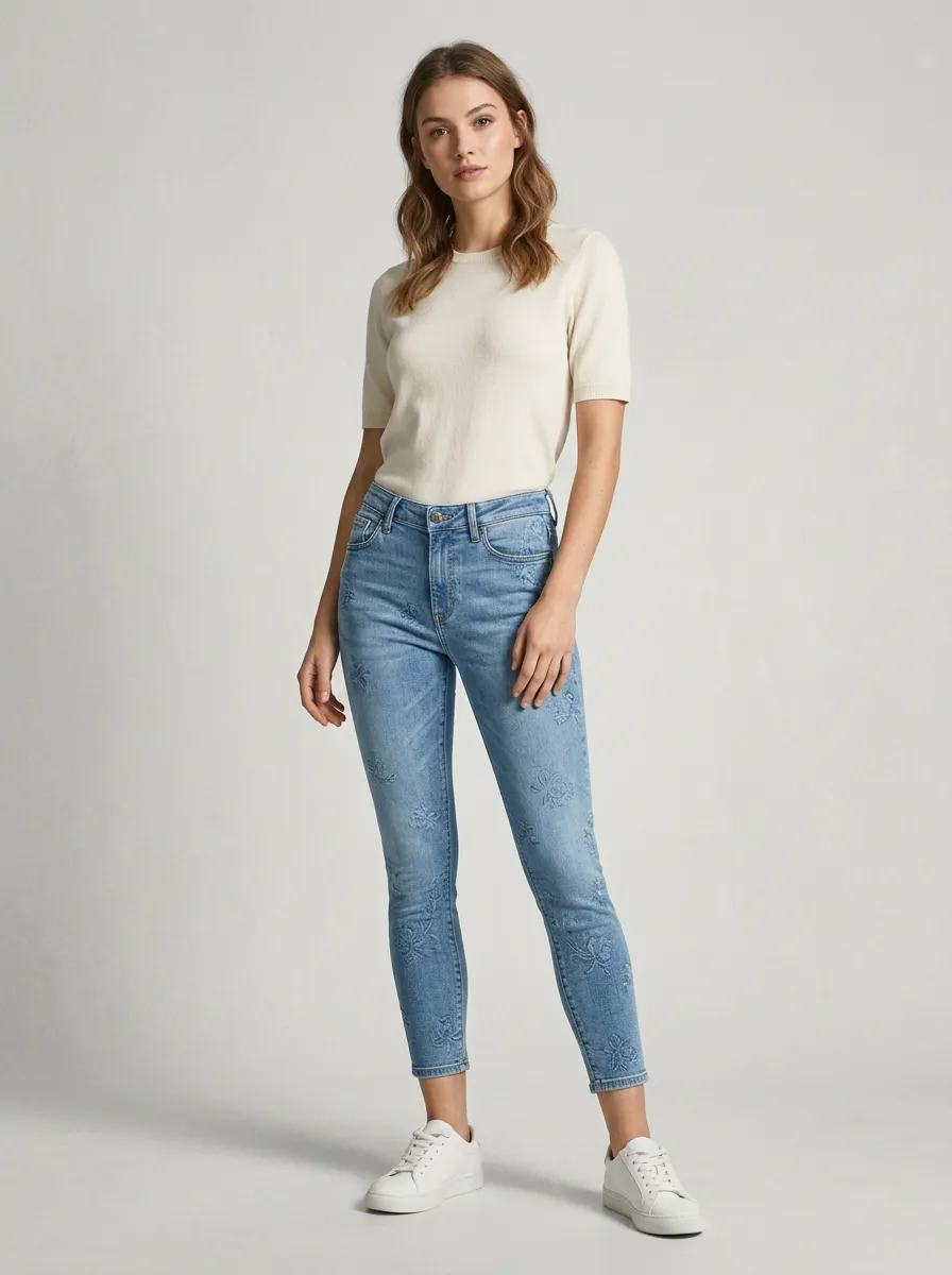 Women's Casual Fashion Floral Embroidered Printed Jeans