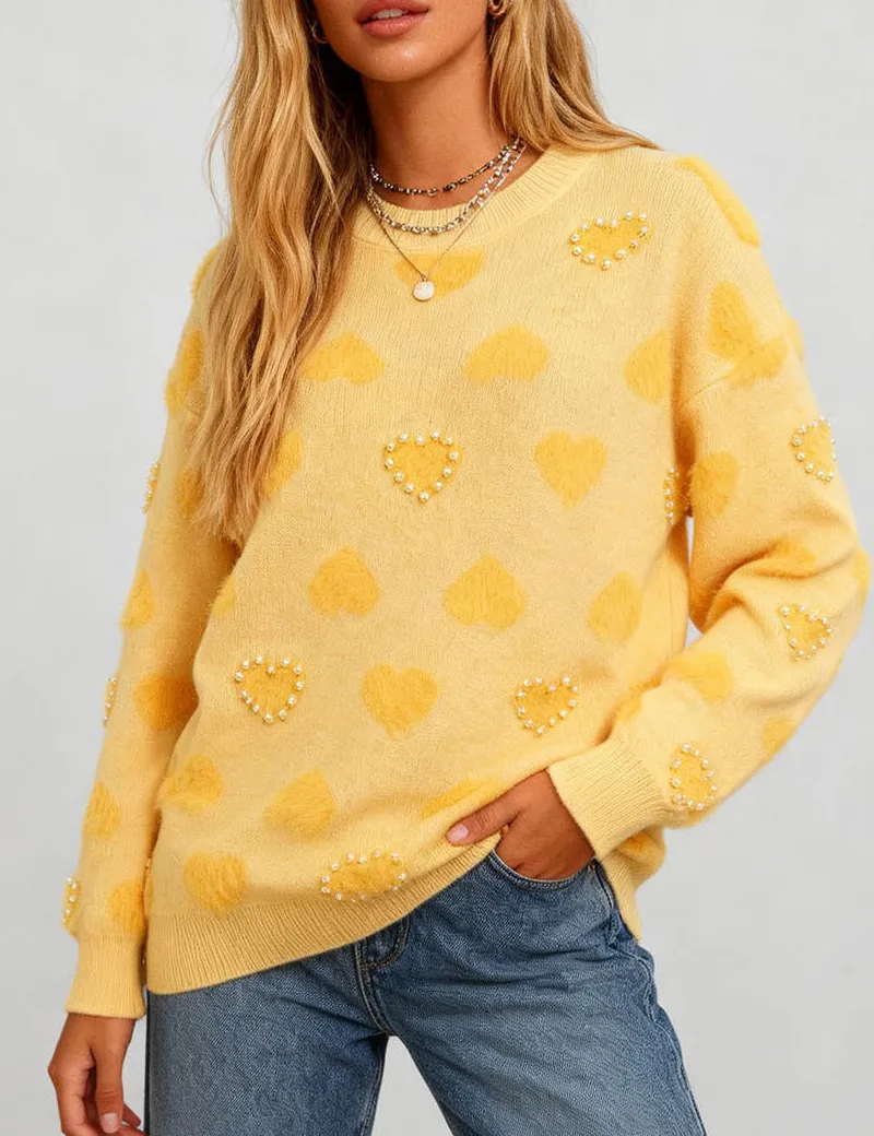Valentine Heart Pattern Round Neck Bead Sweater