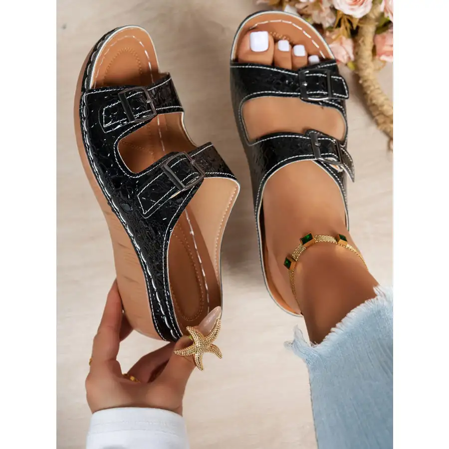 Double Buckle Wedge Sandals