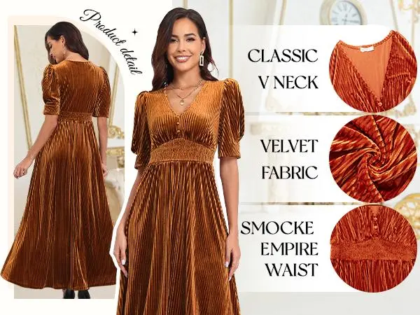 Women’s  Velvet Wedding Guest Dress - Fall Formal Holiday V Neck Empire Waist Long Dresses