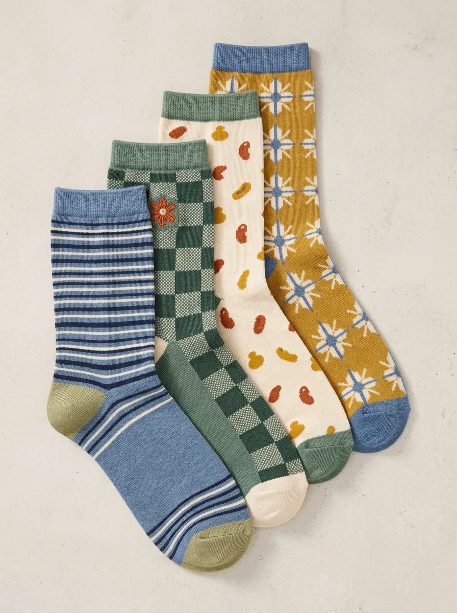 Easy-Wear Geometric Floral Detail Women's Four Pair Socks