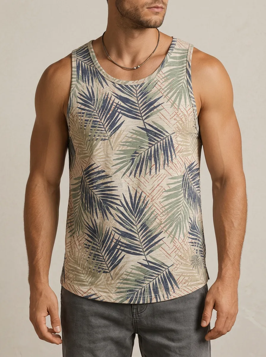 Men's Tropical Summer Beach Palm Leaf Printed Tank Top